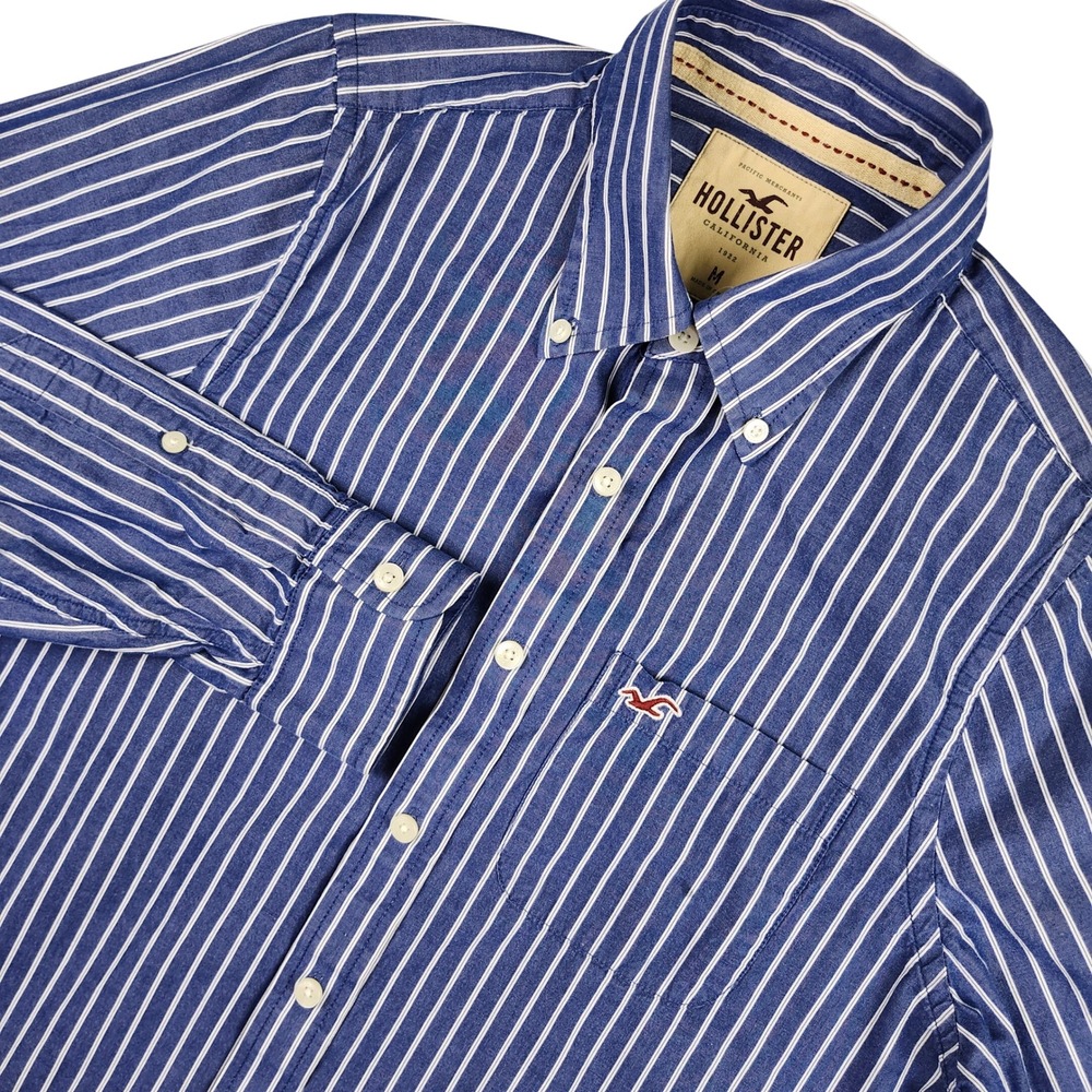 Hollister Button Down Shirt Mens Medium Blue White Striped LS‎ Surfer Preppy Y2K